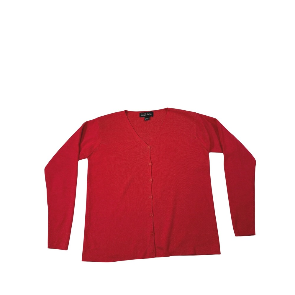 Linda Allard Ellen Tracy Red Wool Silk V-Neck‎ Cardigan Sweater Womens Large
